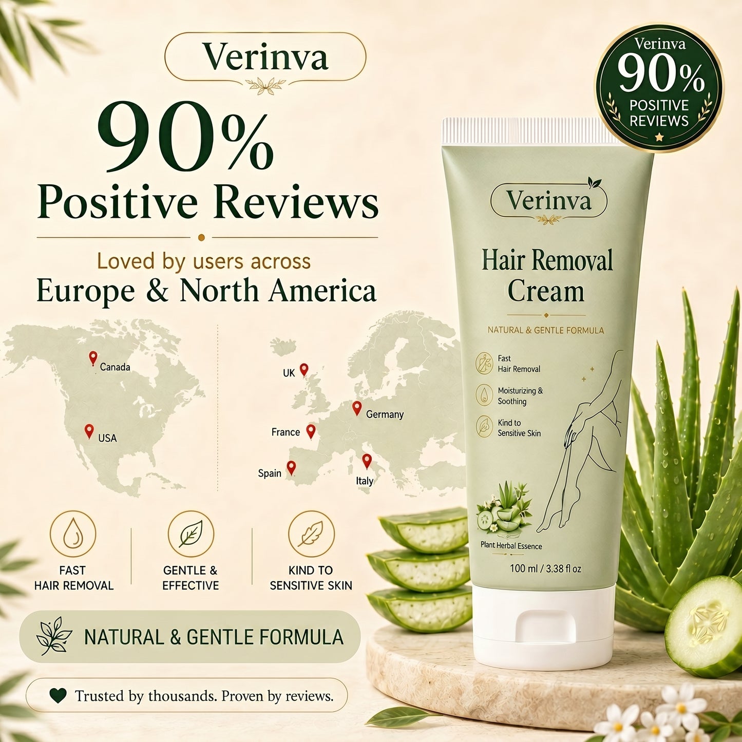 Verinva™ Natural Gentle Hair Removal Cream | For Women & Men, Sensitive Skin