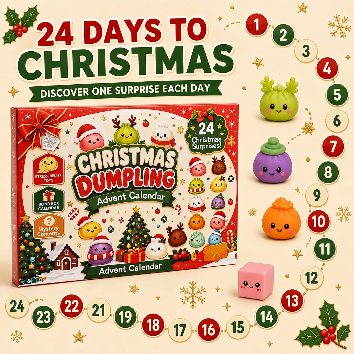 Christmas Mini Squishies Advent Calendar 2026, 24-Day Dumpling Squishy Toy Countdown Calendar with Glitter Squeeze Toys, Holiday Gift for Kids